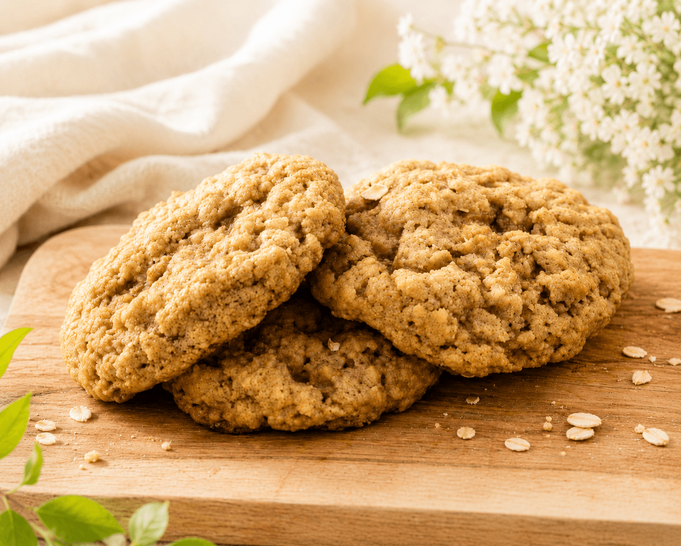 Stack of thick oatmeal cookies on a wooden board with spring flowers