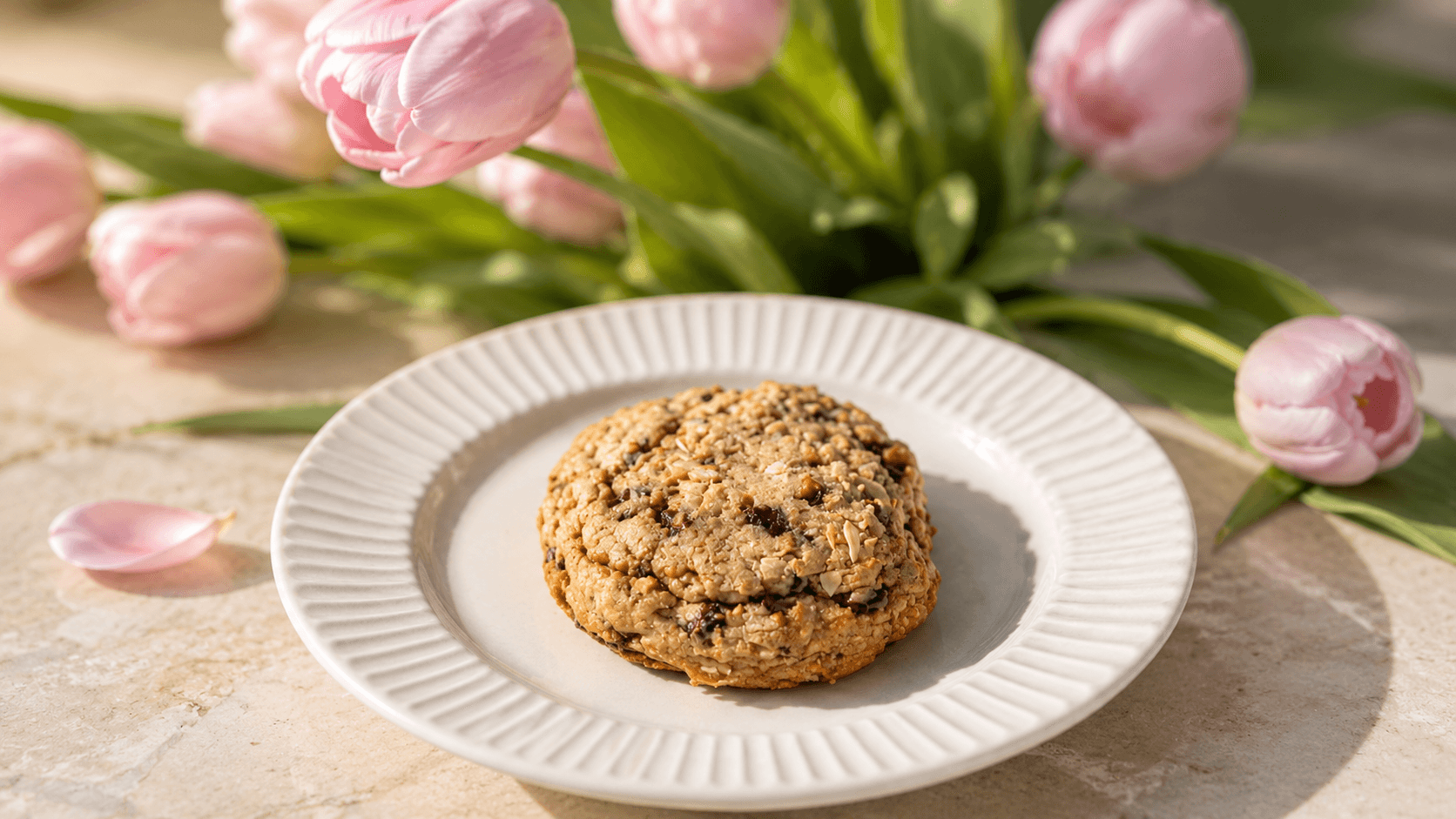 Oatmeal cookie with pink tulips