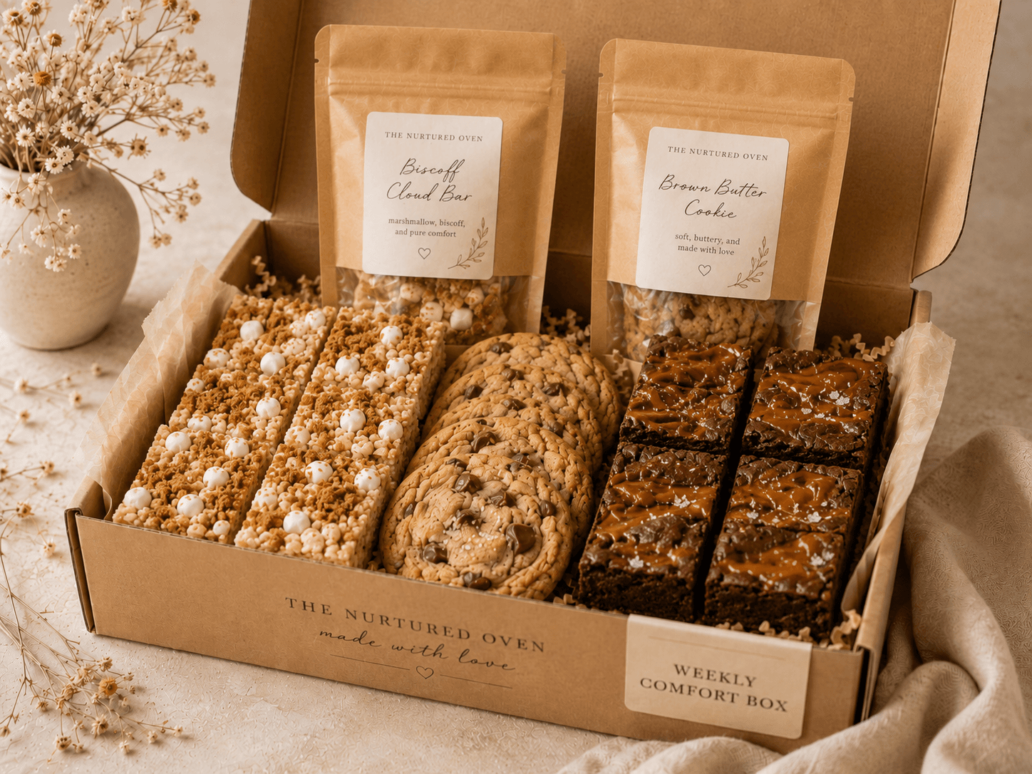 The Nurtured Oven Weekly Comfort Box — cookies, brownies, and cloud bars in an open gift box